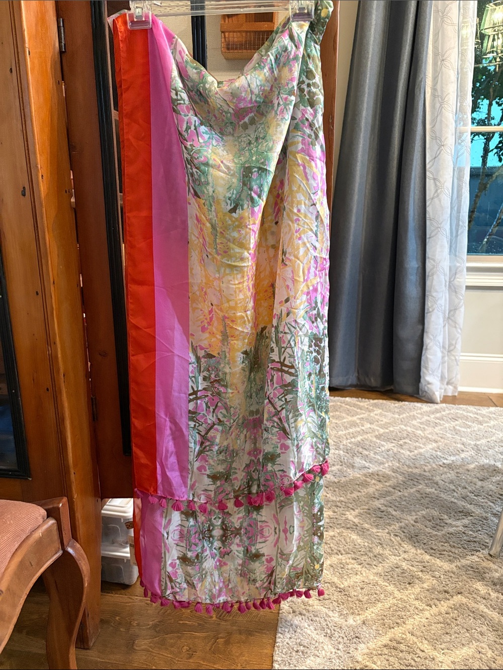 Anthropologie Multicolor Floral Tassel Scarf - Pink, Orange, Yellow, Green
